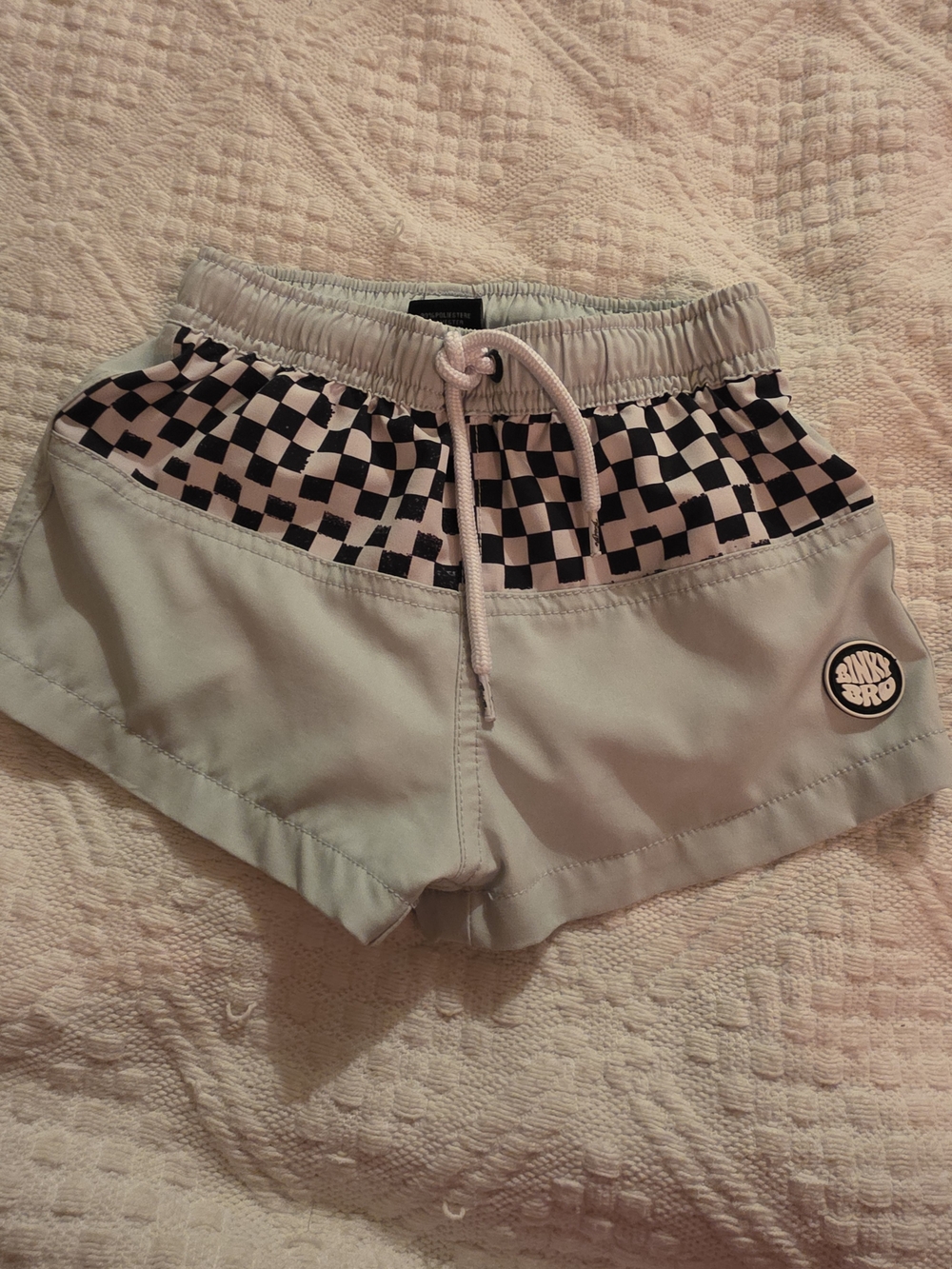 Boys Light Green Swim Trunks with White & Black Checker Waistband